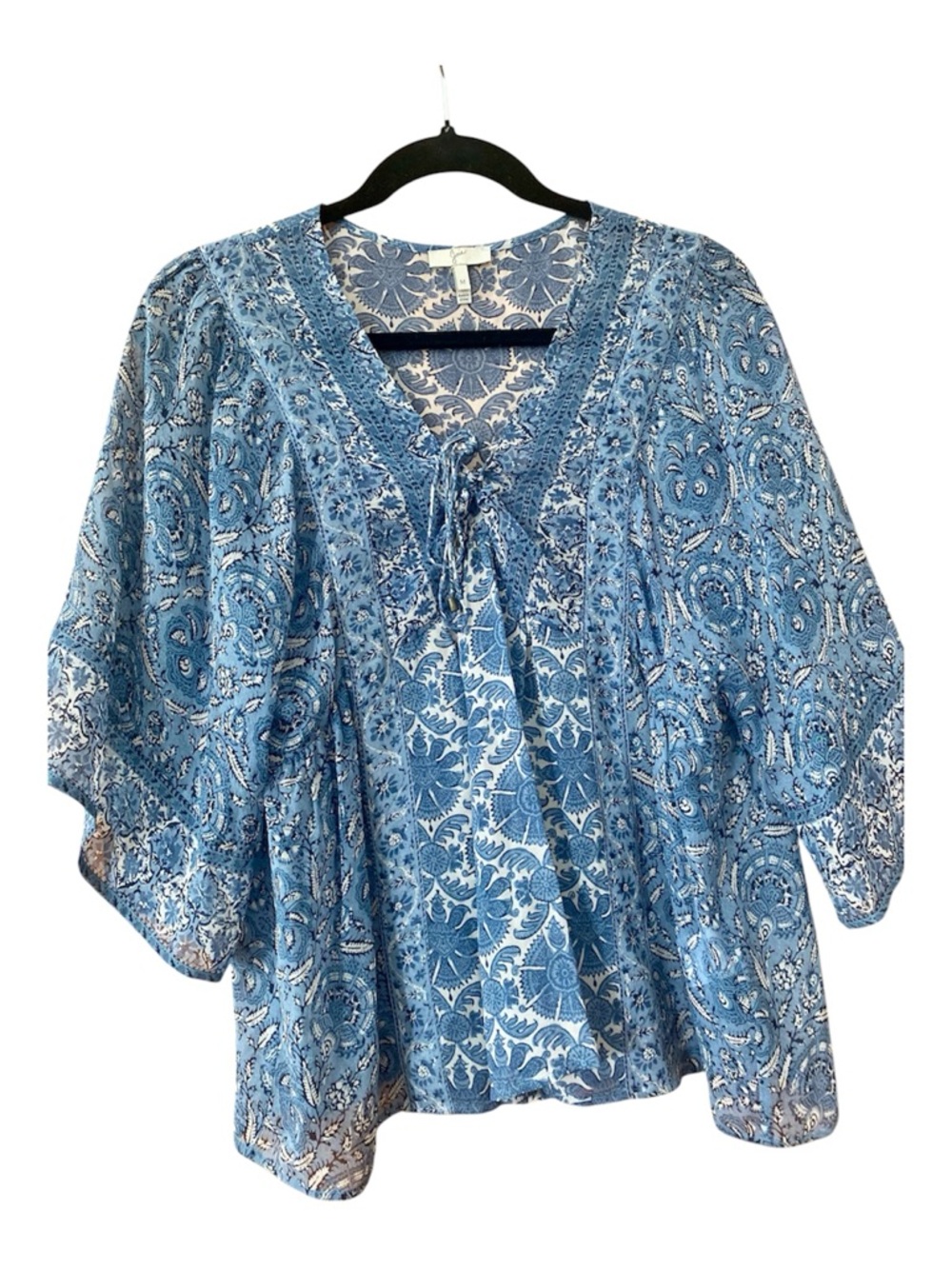 Joie Silk Boho Blouse Blue Floral Paisley Tie Neck Sheer Top Medium
